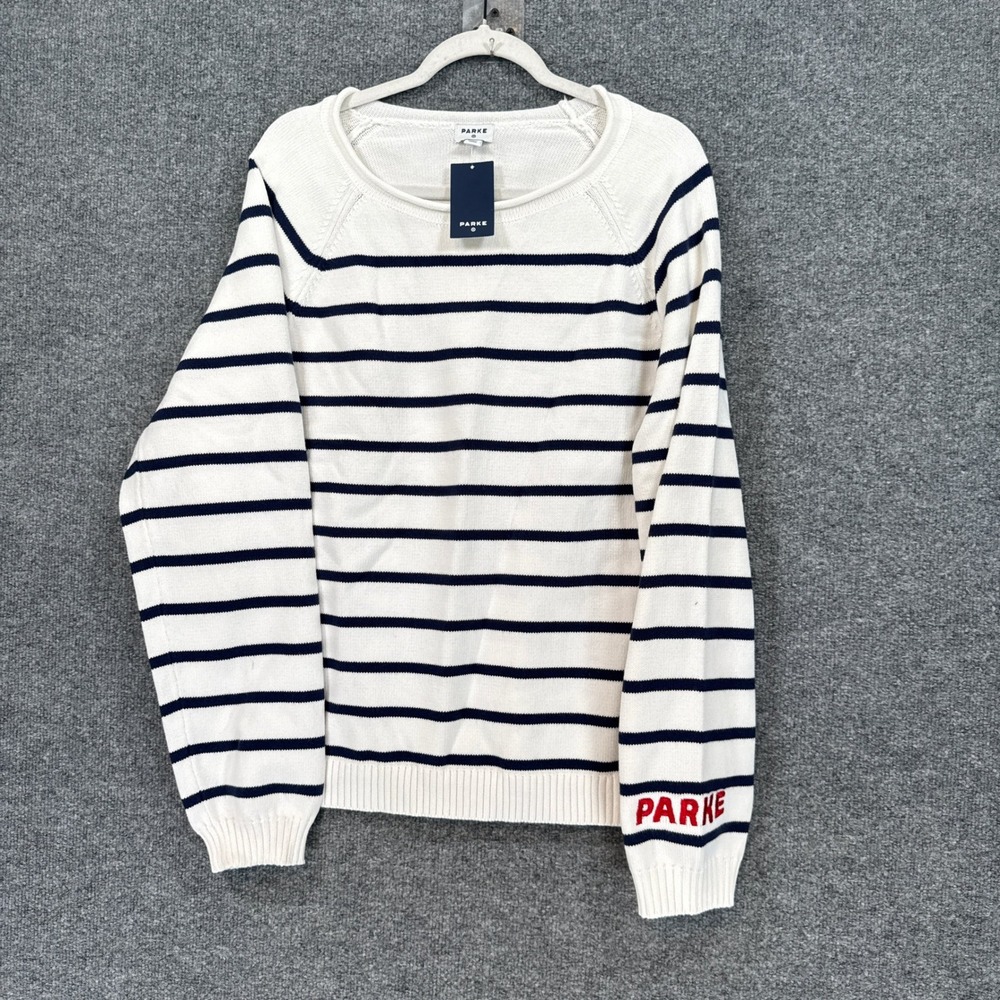 Parke x Target Sweater Womens XXL White Navy Blue Striped Raglan Sleeve Logo NEW